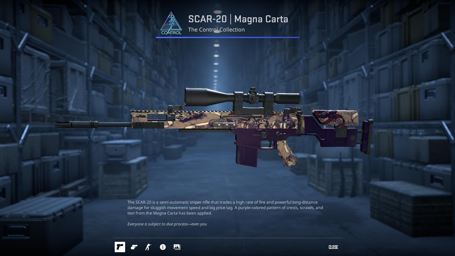 SCAR-20 rifle with a purple-colored pattern of crests, scrawls, and text from the Magna Carta, part of the Control Collection in Counter-Strike 2.