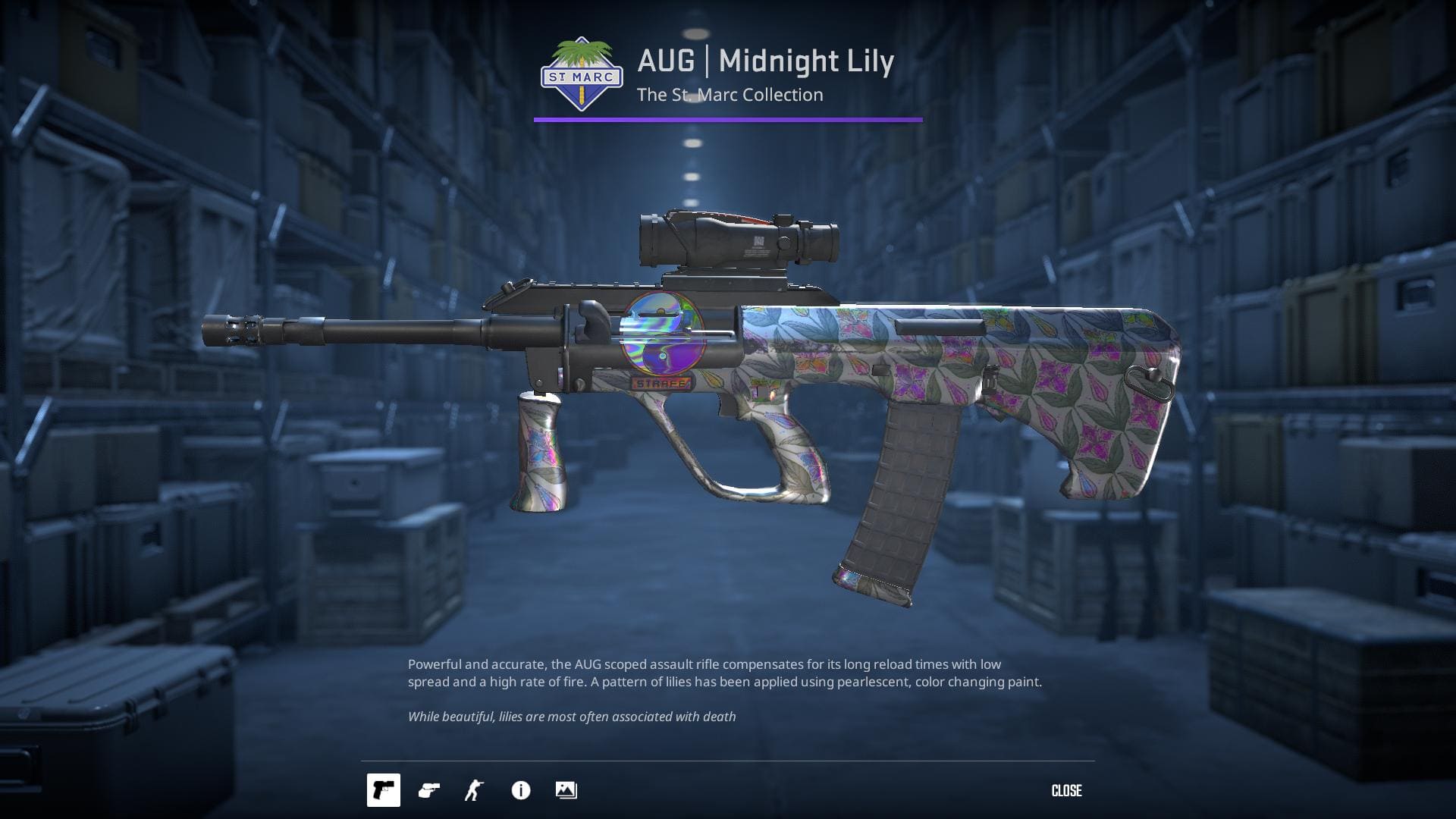 AUG Midnight Lily skin from Counter-Strike 2, featuring a pearlescent lily pattern with color-changing paint.