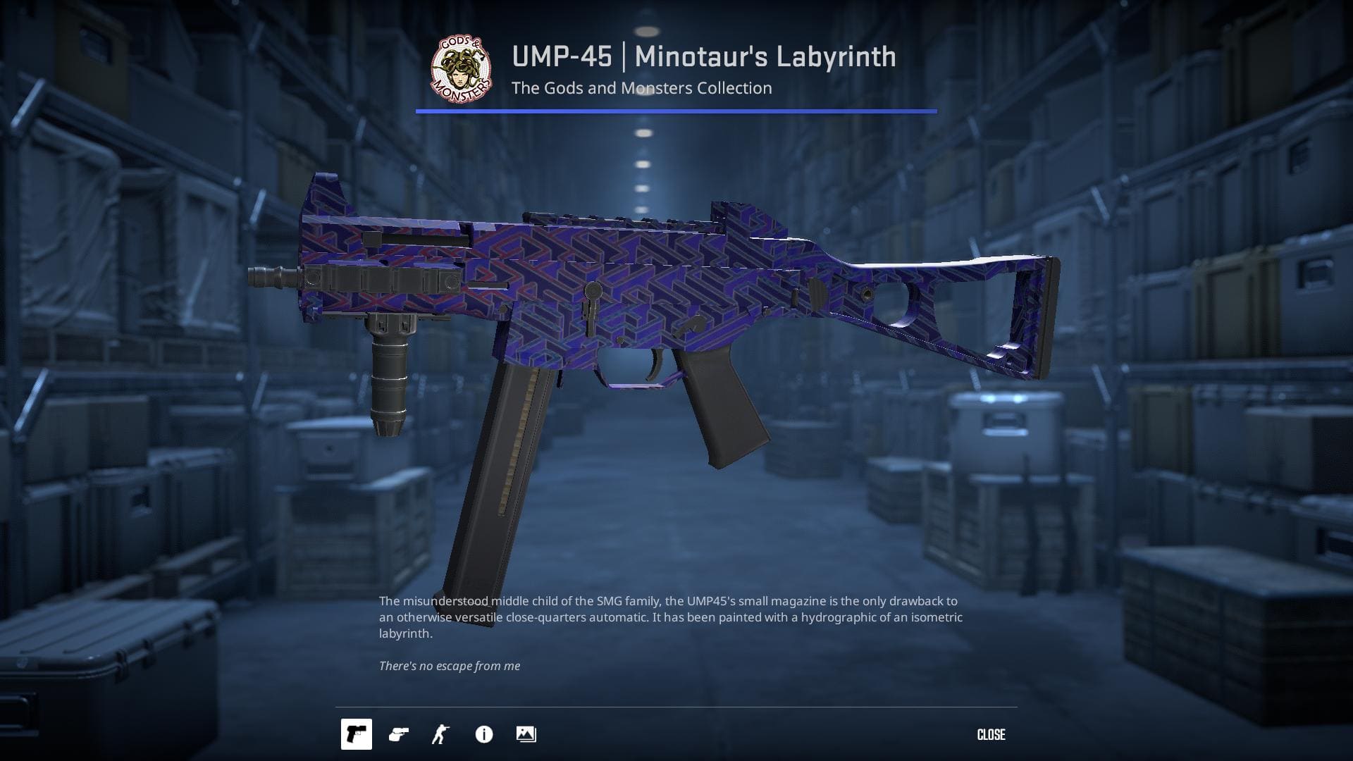 High-definition image of the UMP-45 Minotaur's Labyrinth submachine gun skin from Counter-Strike 2, featuring a hydrographic of an isometric labyrinth.