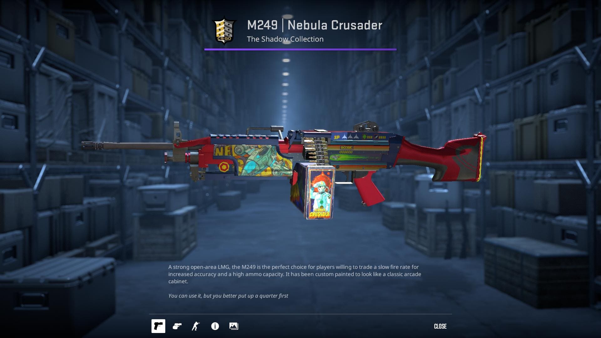 A vibrant M249 machine gun skin from Counter-Strike 2, custom painted to resemble a classic arcade cabinet with colorful, retro-inspired designs.