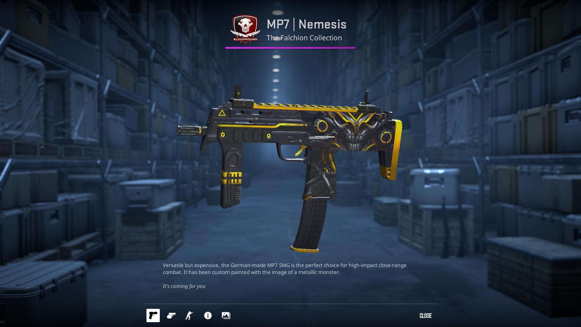 MP7 Nemesis skin from Counter-Strike 2, showcasing a sleek black and yellow design with the image of a metallic monster.