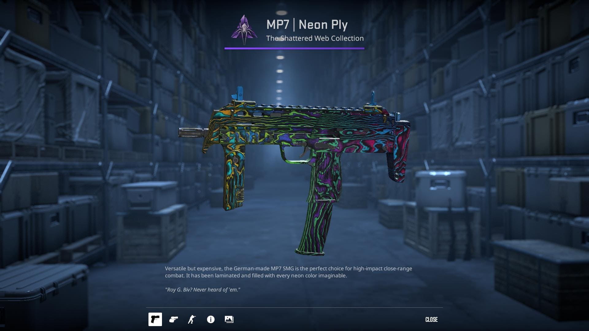 A vibrant, neon-colored MP7 submachine gun with intricate, multi-colored patterns.