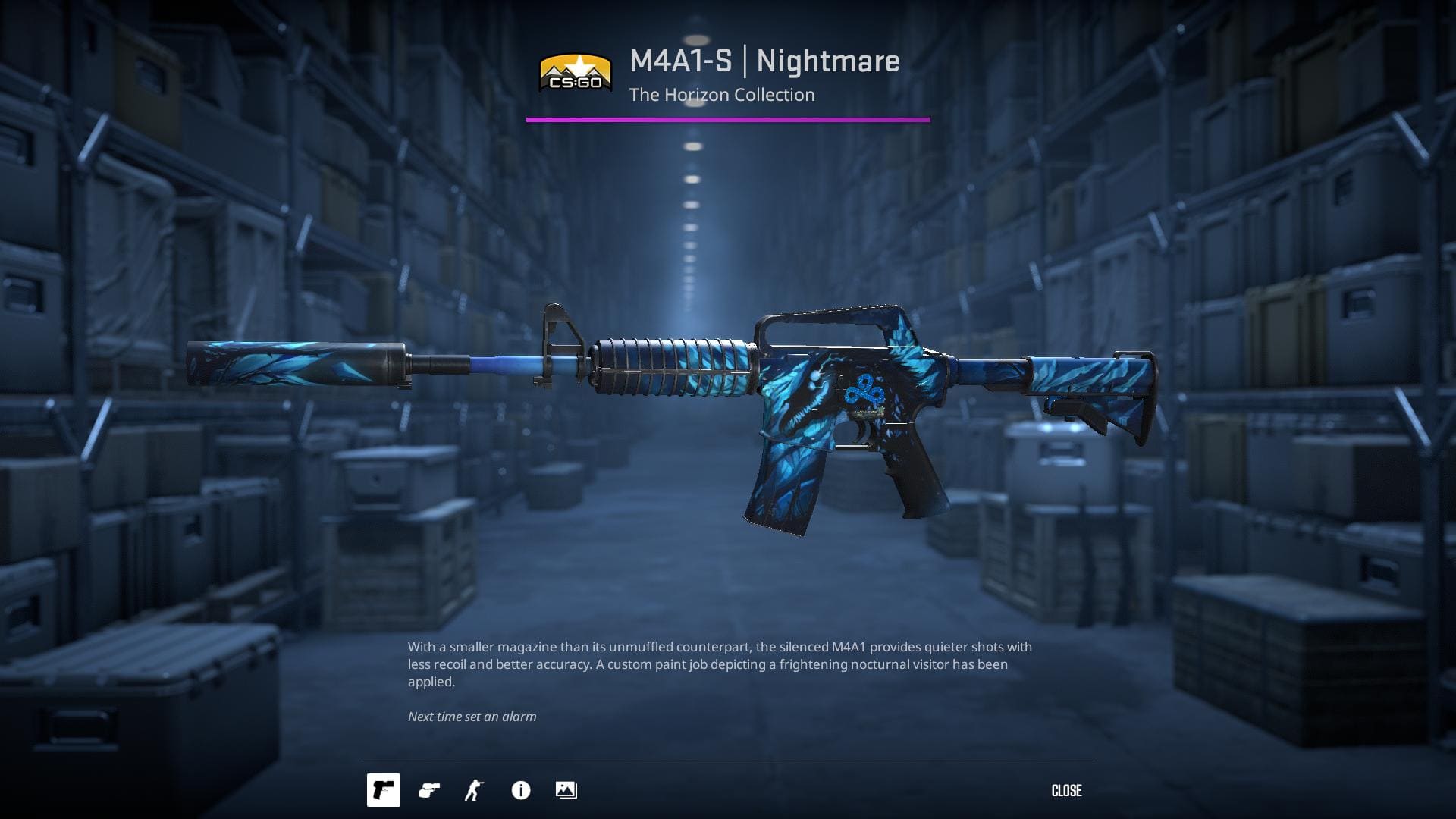 High-resolution image of the M4A1-S Nightmare skin from Counter-Strike 2, featuring a dark blue and black design with a frightening nocturnal visitor.