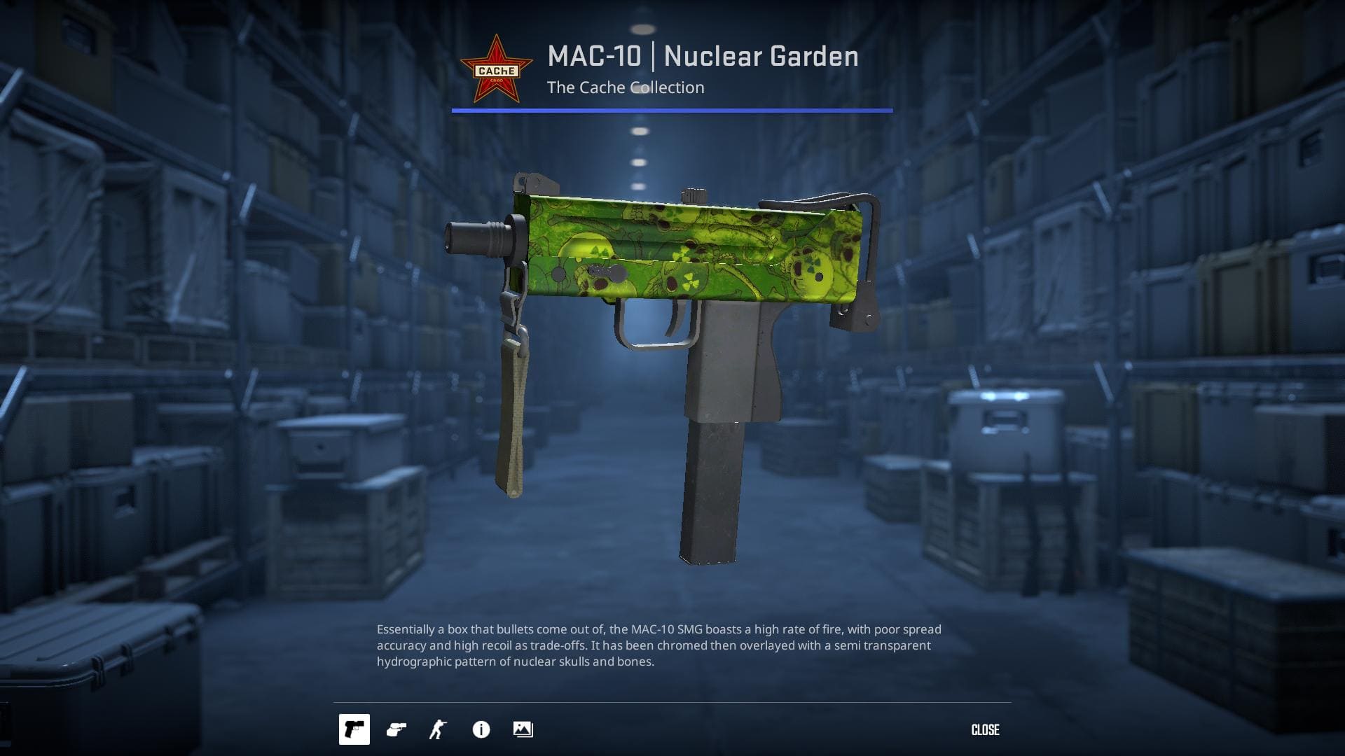 MAC-10 Nuclear Garden skin from the Cache Collection in Counter-Strike 2.