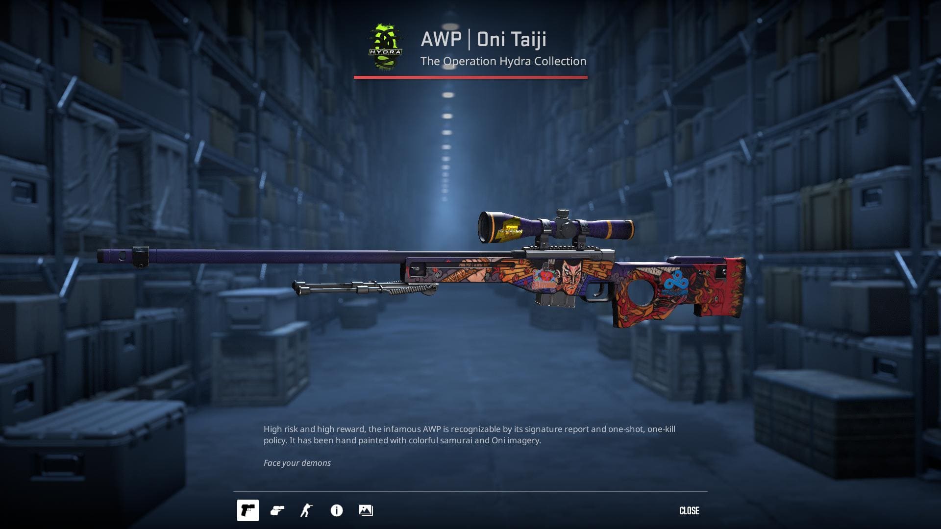 AWP Oni Taiji skin from the Operation Hydra Collection in Counter-Strike 2.