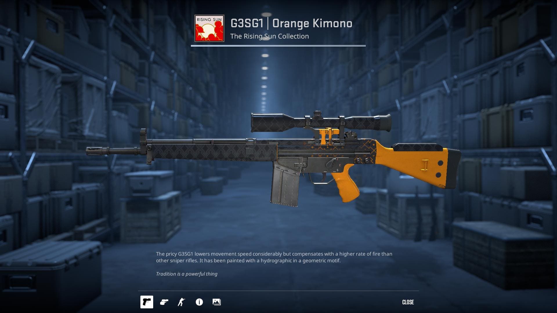 G3SG1 Orange Kimono rifle skin with a geometric motif hydrographic in orange and black.