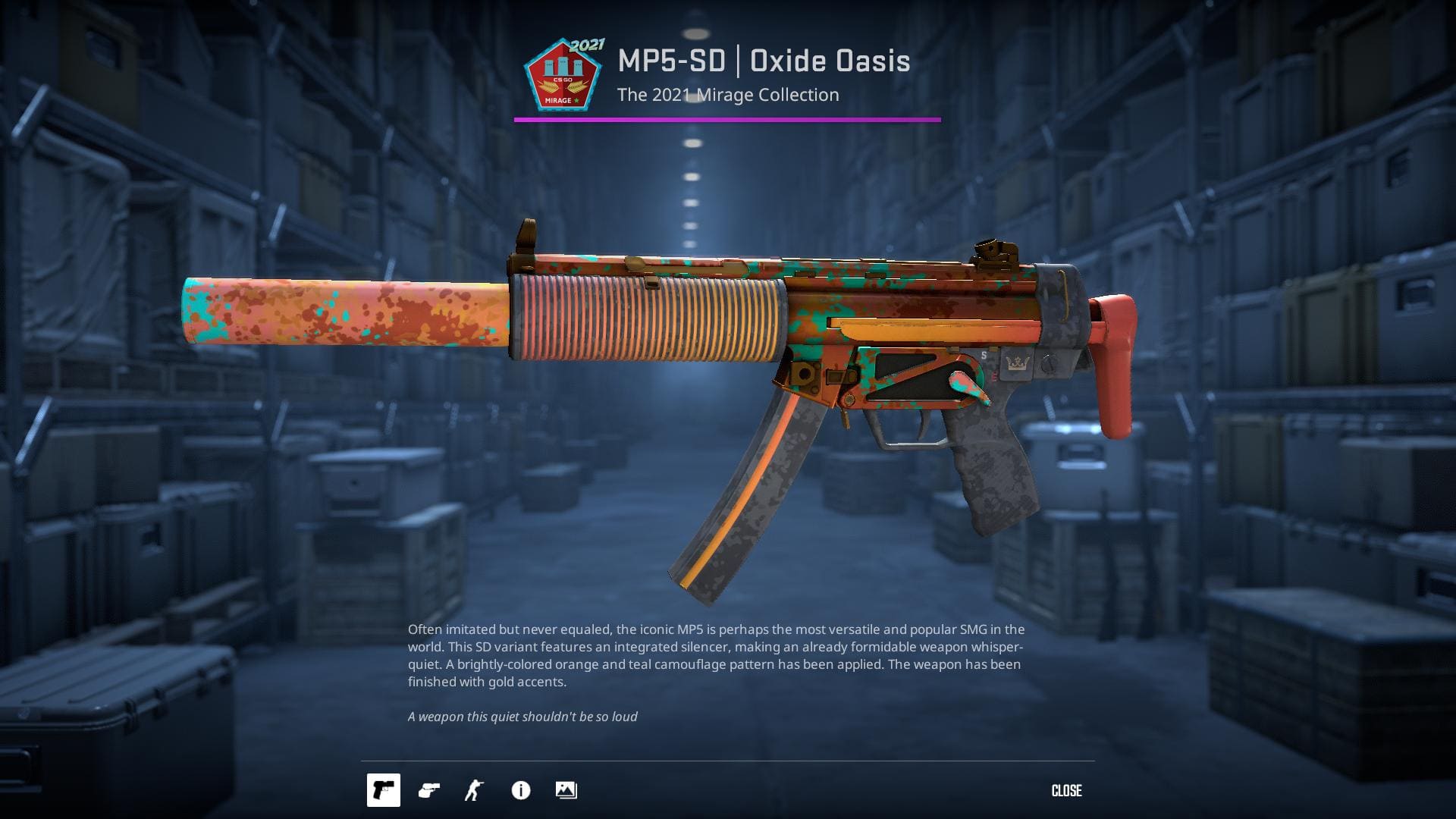 MP5-SD Oxide Oasis skin from Counter-Strike 2, featuring a brightly-colored orange and teal camouflage pattern with gold accents.