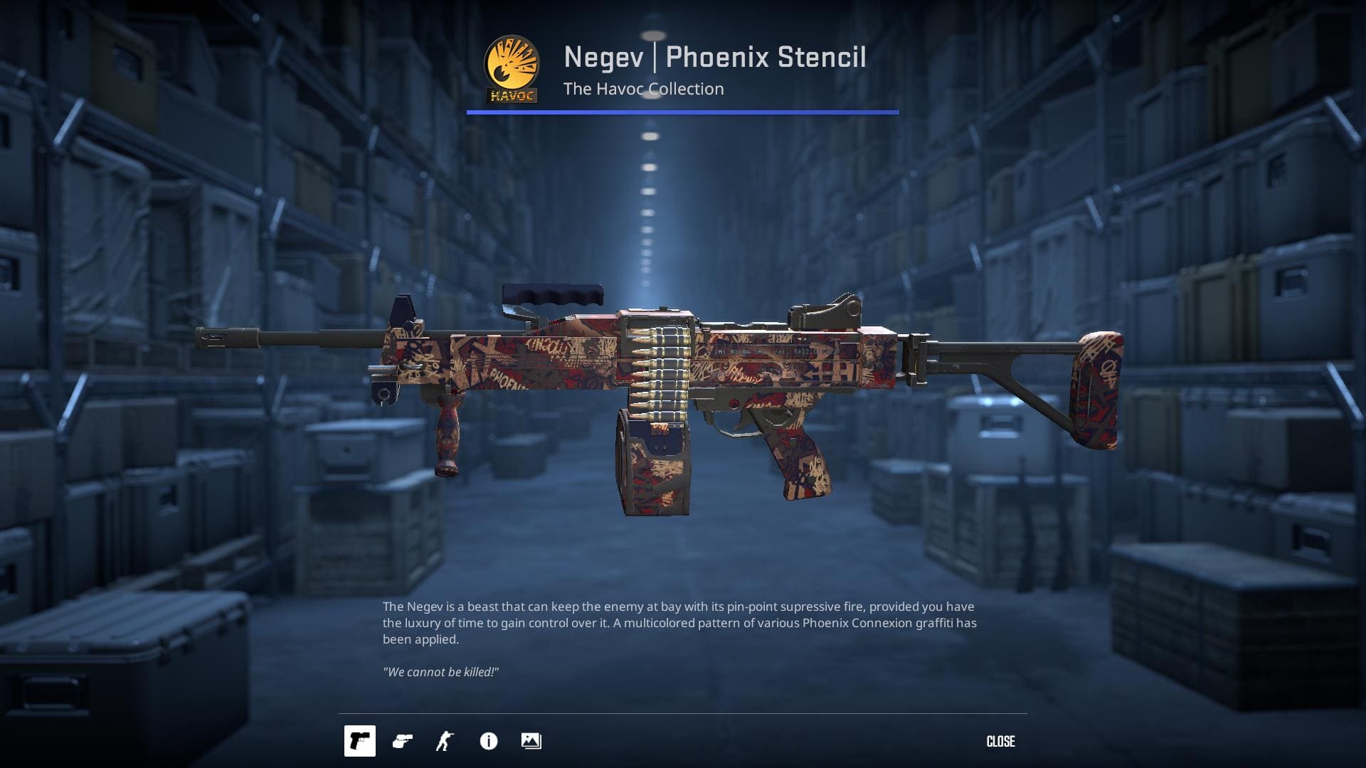 Negev Phoenix Stencil skin from the Havoc Collection, featuring a multicolored pattern of various Phoenix Connexion graffiti.