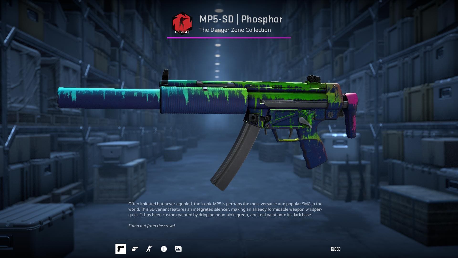 Counter-Strike 2 Phosphor MP5-SD submachine gun skin with neon pink, green, and teal paint on a dark base, showcased in a high-definition image.