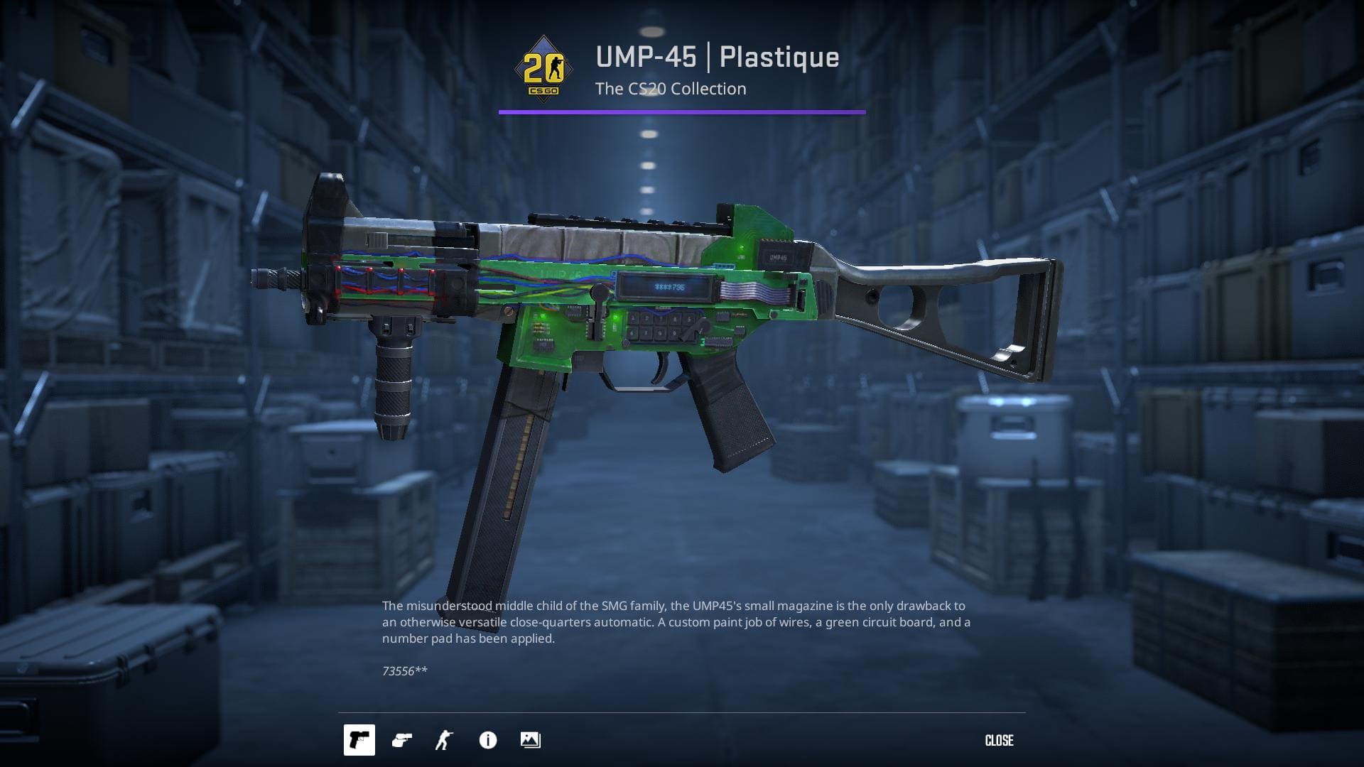 High-definition image of the UMP-45 Plastique submachine gun skin from Counter-Strike 2, featuring a custom paint job of wires, a green circuit board, and a number pad.