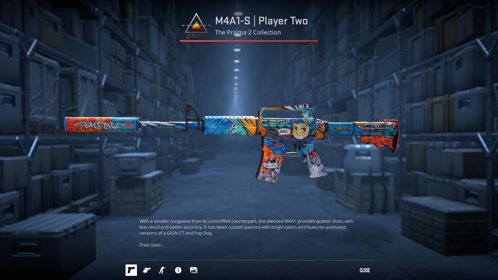 High-resolution image of the M4A1-S Player Two skin from Counter-Strike 2, showcasing a vibrant and colorful design with animated versions of a GIGN CT and Pop Dog.