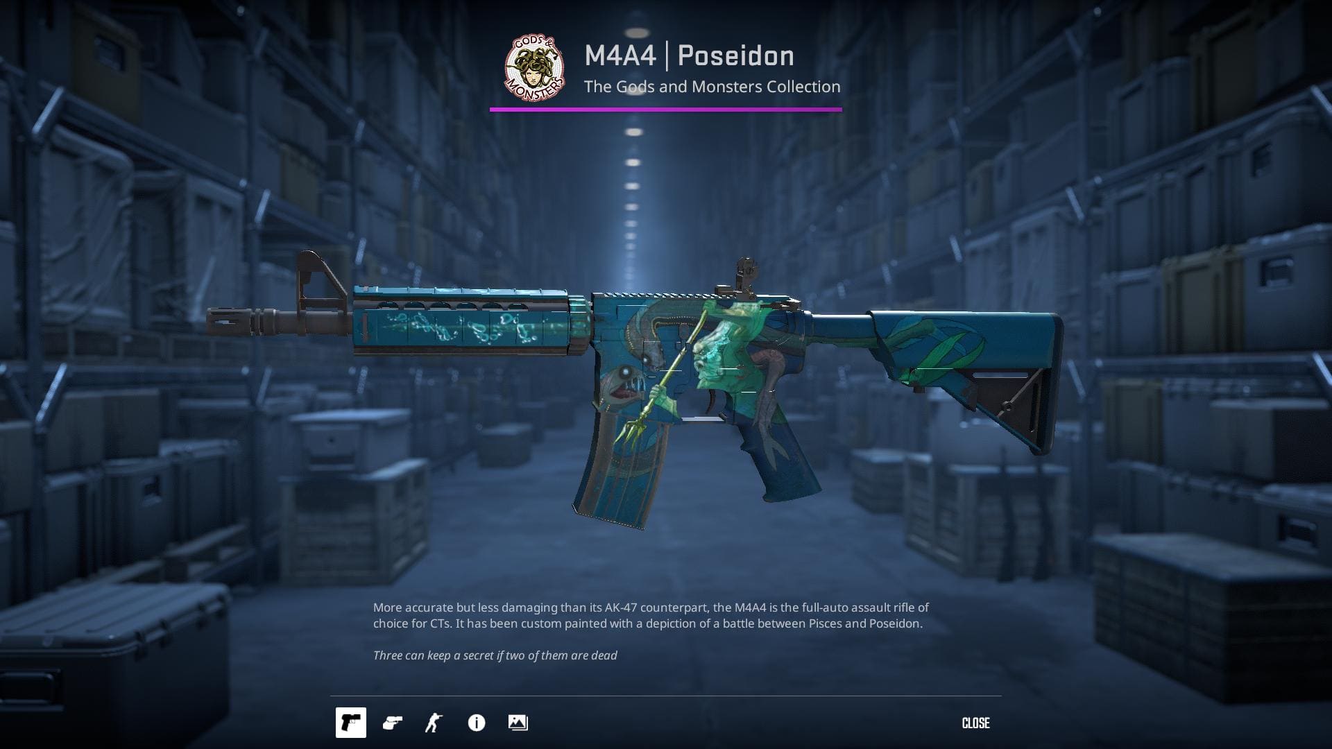 M4A4 Poseidon skin from Counter-Strike 2, featuring a mythical sea theme with Poseidon and sea creatures.