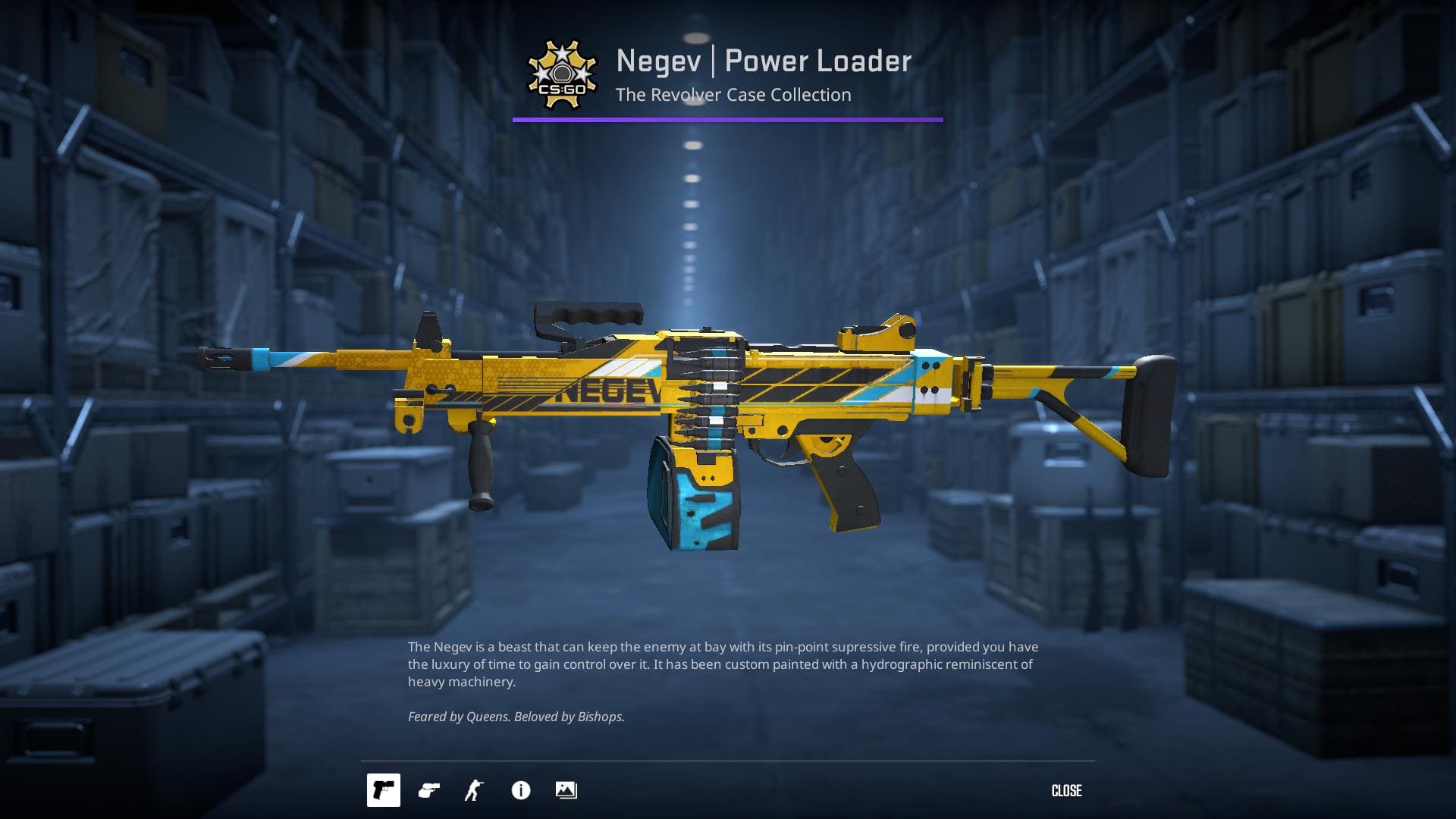 Negev Power Loader skin from the Revolver Case Collection, custom painted with a hydrographic reminiscent of heavy machinery.