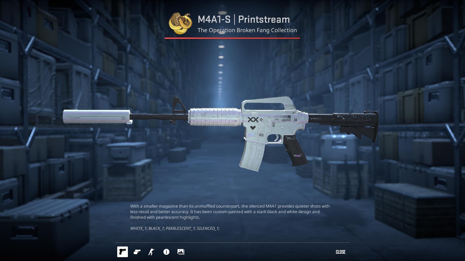 High-resolution image of the M4A1-S Printstream skin from Counter-Strike 2, displaying a stark black and white design with pearlescent highlights.