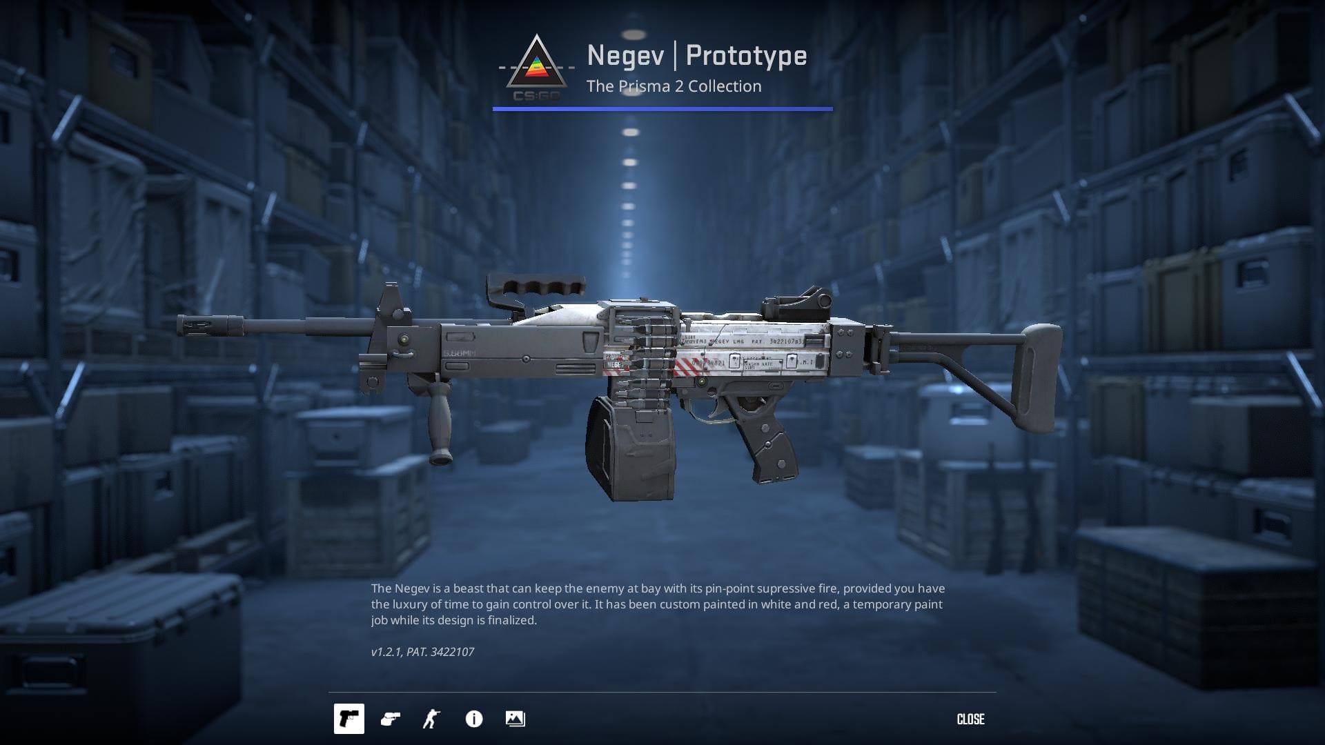 Negev Prototype skin from the Prisma 2 Collection, custom painted in white and red, with a temporary paint job while its design is finalized.