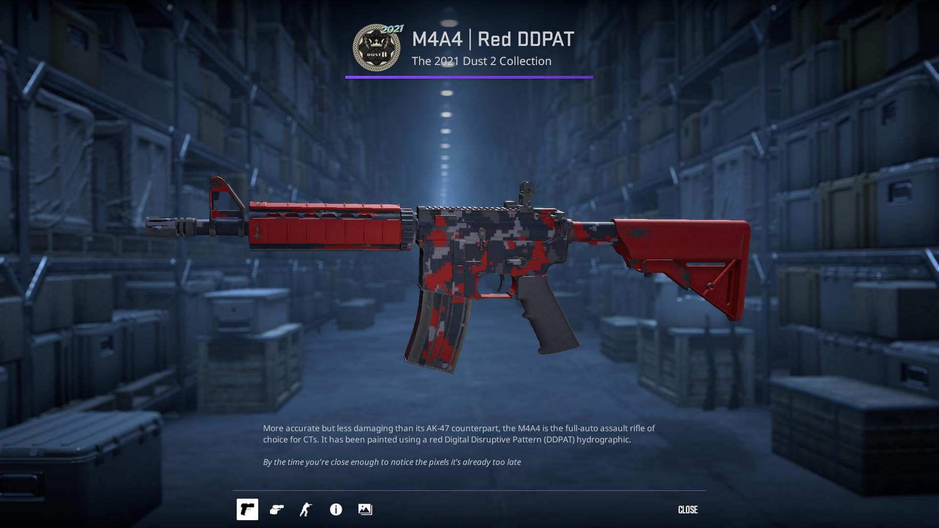 M4A4 Red DDPAT skin from Counter-Strike 2, showcasing a red digital disruptive pattern.