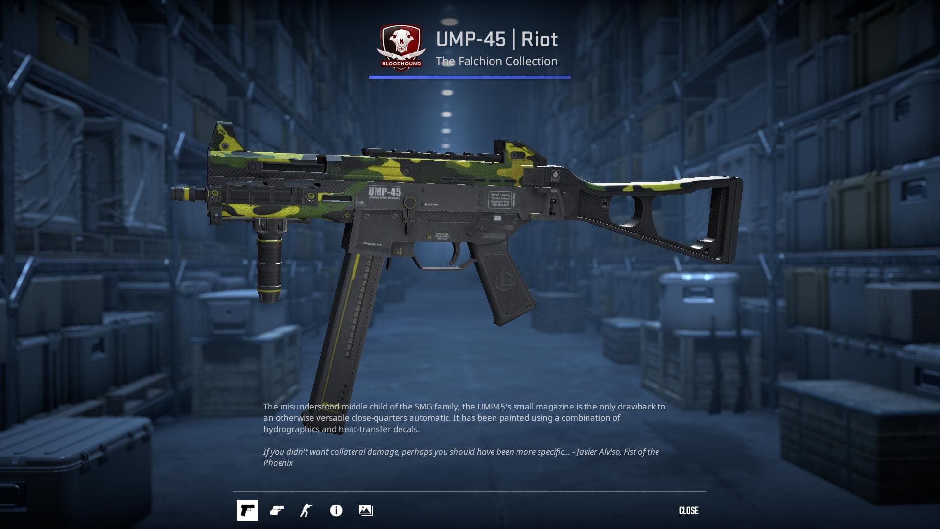 A sleek UMP-45 submachine gun skin from Counter-Strike 2, showcasing a blend of hydrographics and heat-transfer decals in a green and yellow camouflage pattern.