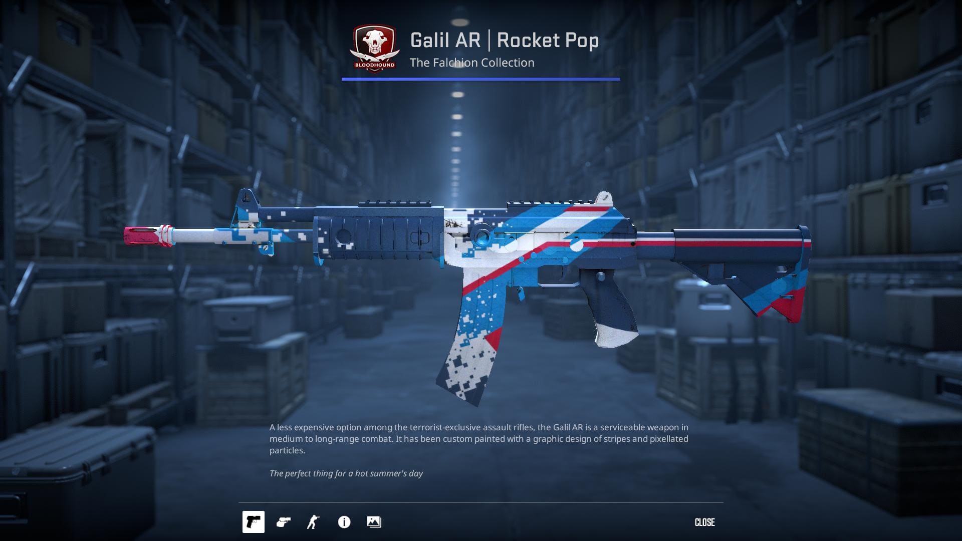 An image of the Rocket Pop skin for the Galil AR in Counter-Strike 2, featuring a graphic design of stripes and pixelated particles.