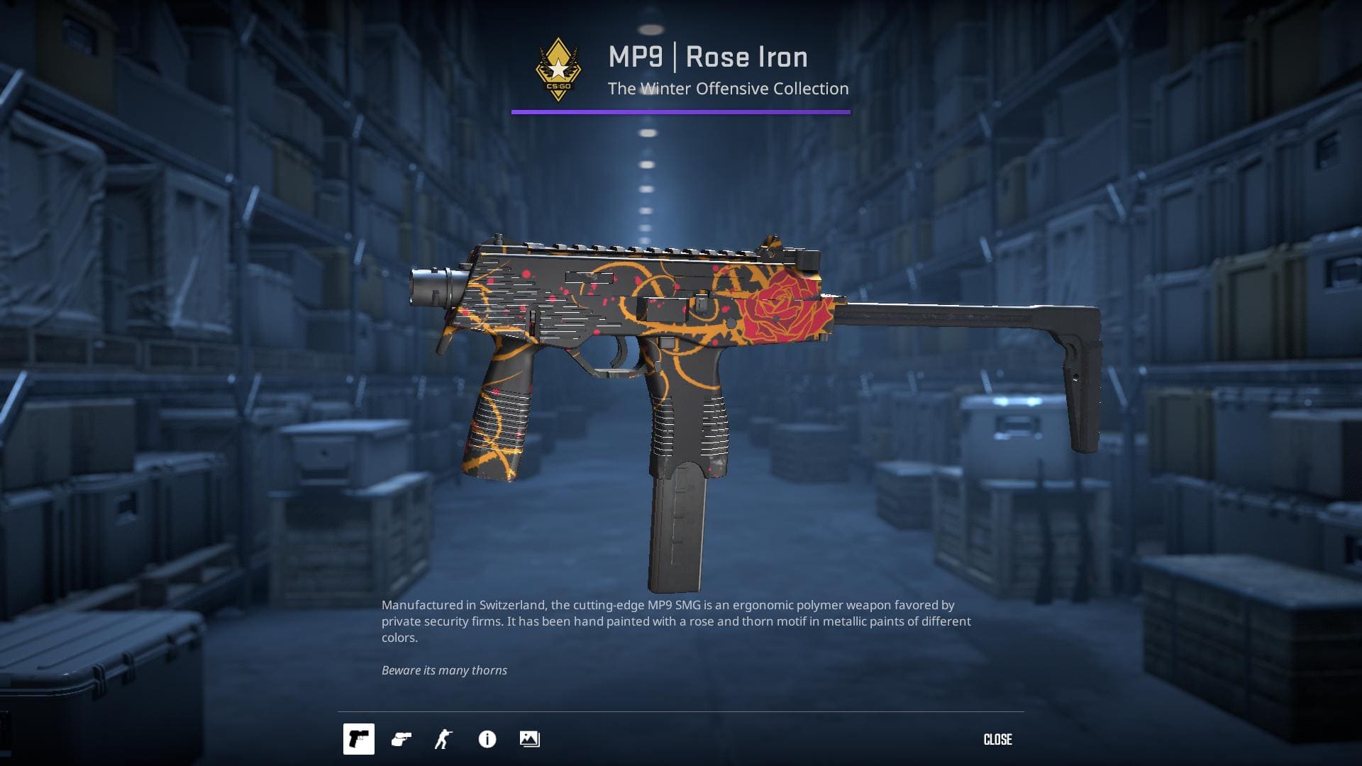 MP9 Rose Iron skin with rose and thorn motif.