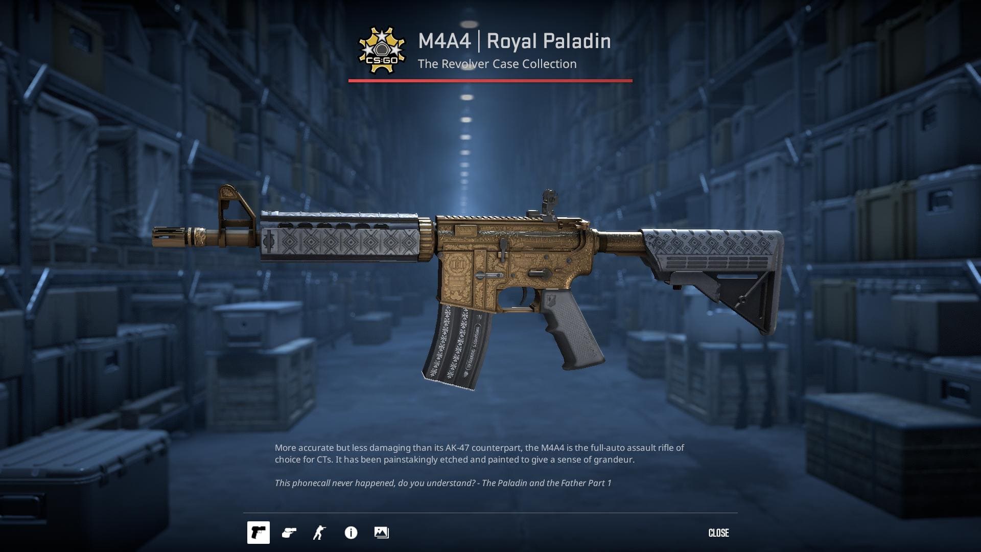 M4A4 Royal Paladin skin from Counter-Strike 2, adorned with regal gold and black etchings.