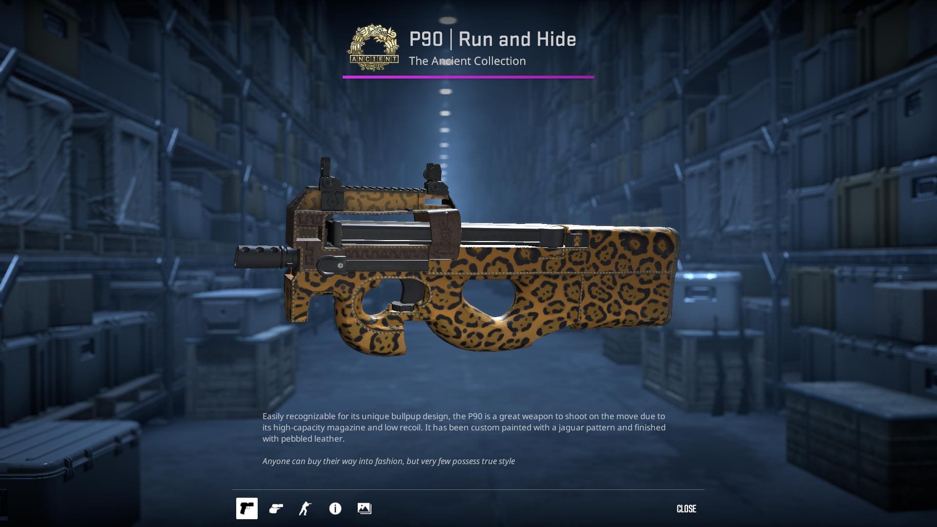 P90 Run and Hide skin with a jaguar pattern and pebbled leather.