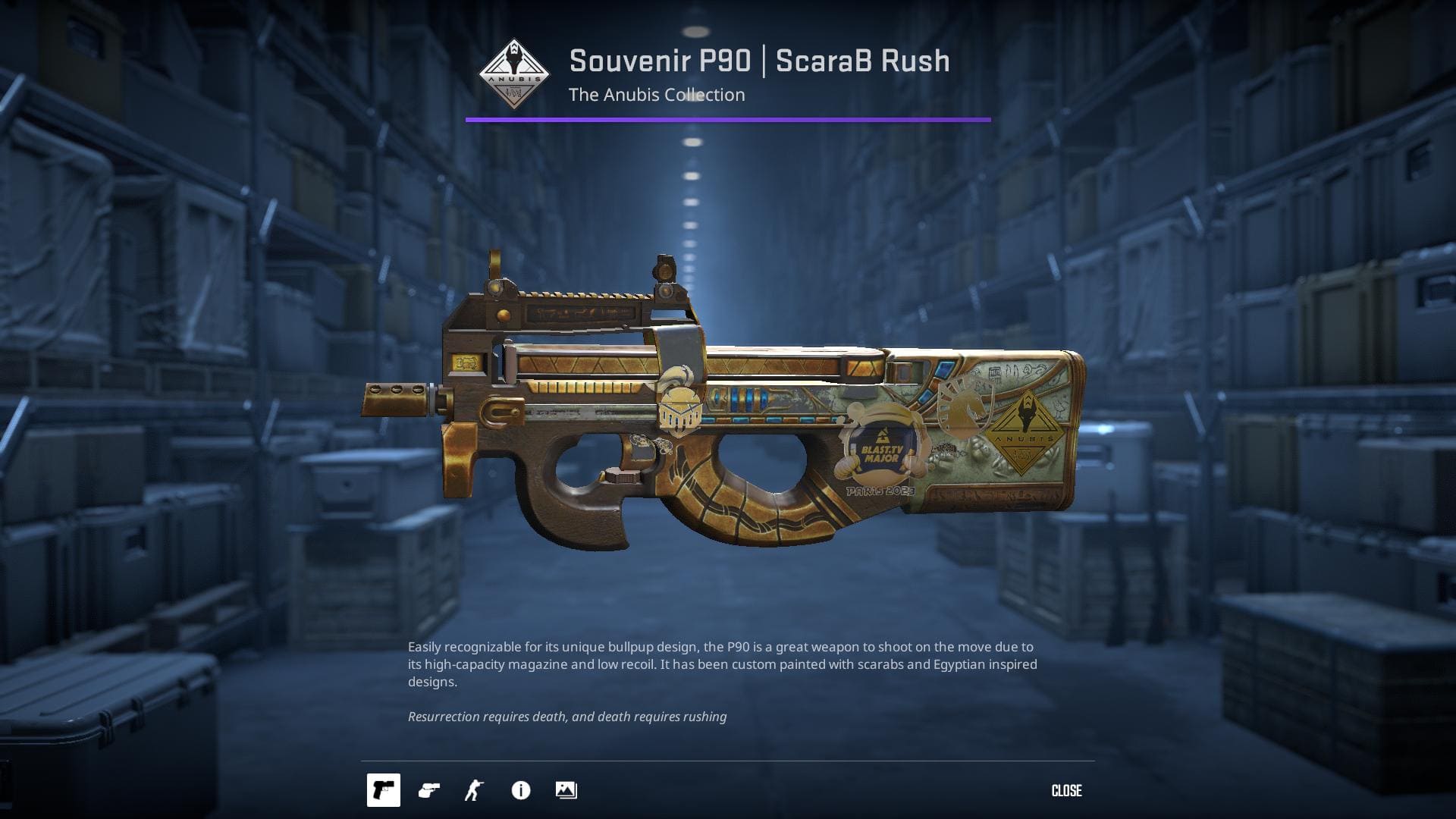 P90 ScaraB Rush skin with scarabs and Egyptian-inspired designs.