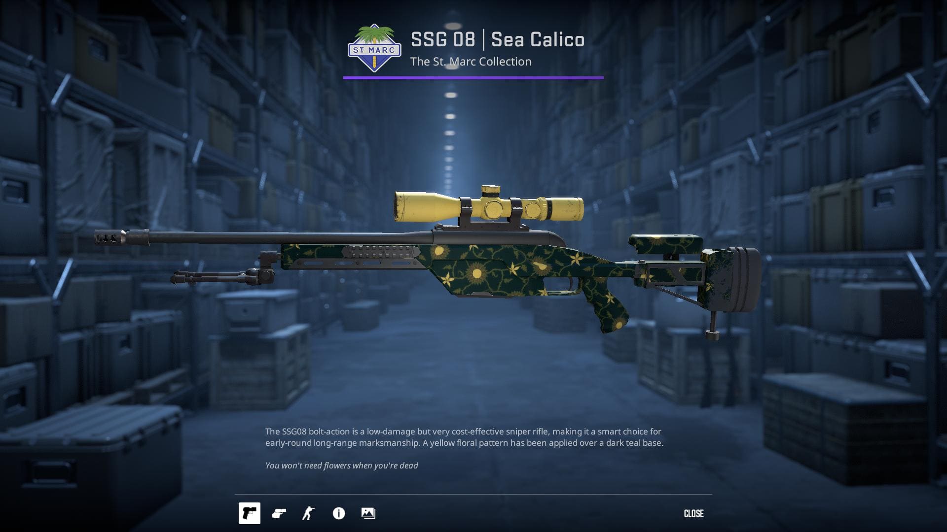 A detailed image of the SSG 08 Sea Calico skin from Counter-Strike 2, featuring a yellow floral pattern over a dark teal base.