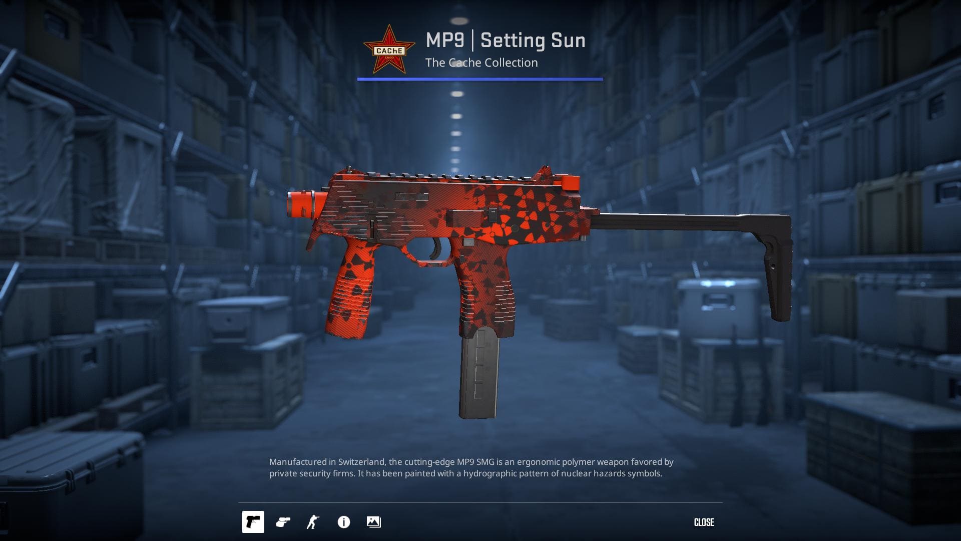 MP9 Setting Sun skin with red and black design.