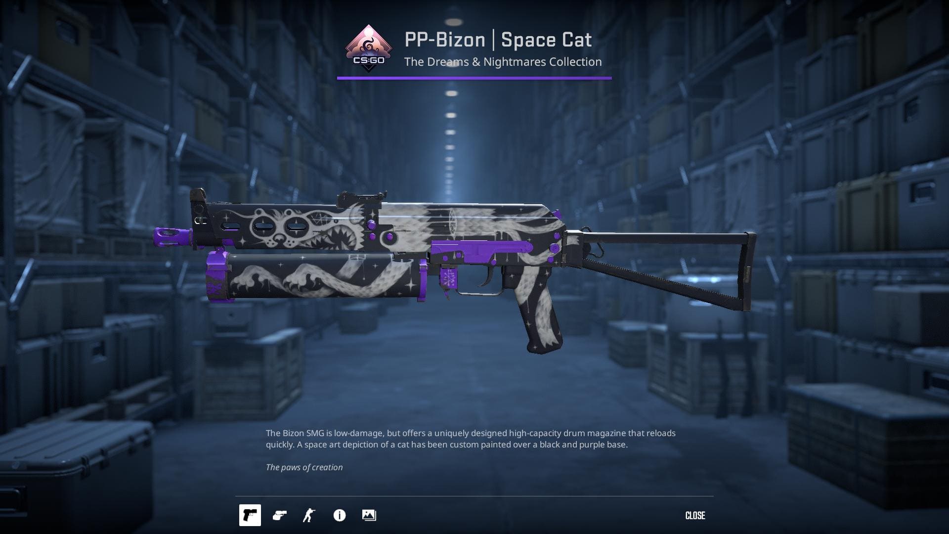 A high-definition image of the PP-Bizon Space Cat submachine gun skin from Counter-Strike 2, featuring a space art depiction of a cat painted over a black and purple base.