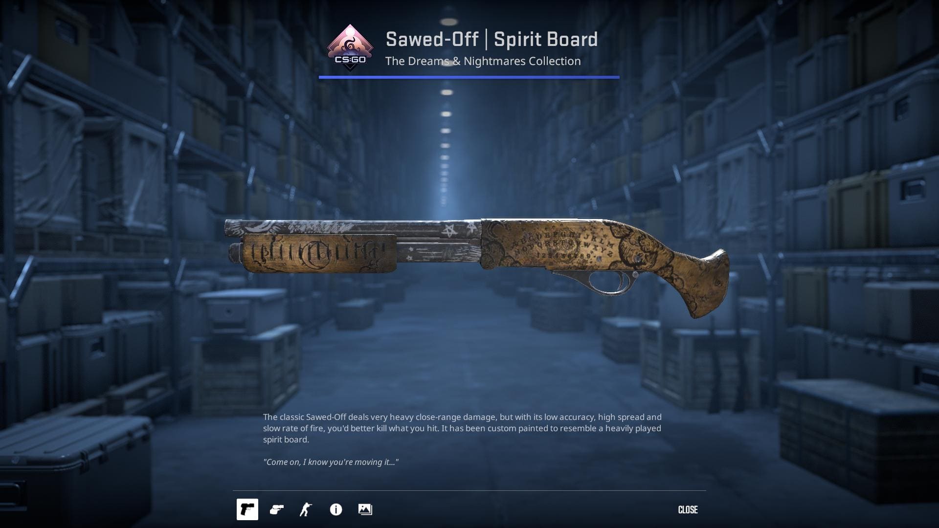 A Sawed-Off shotgun with a heavily played spirit board design.