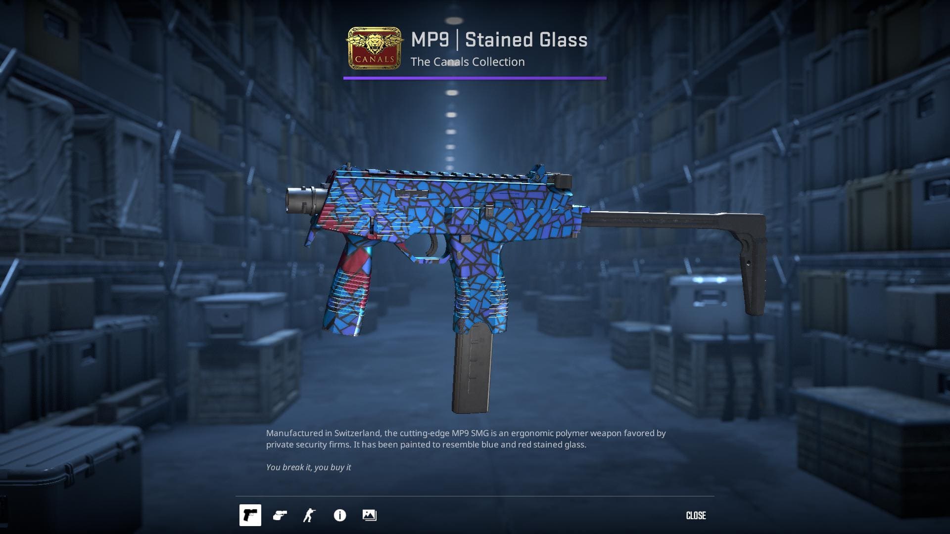 A detailed image of the MP9 submachine gun with a stained glass design, featuring blue and red patterns. The gun is displayed in a warehouse setting.