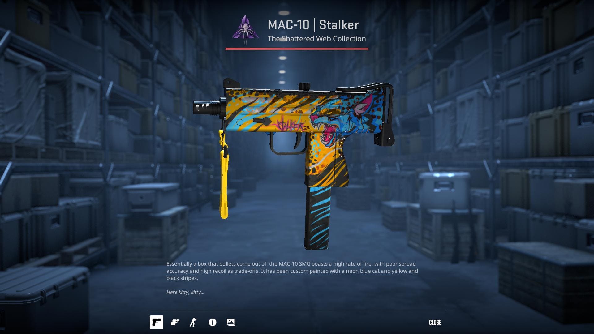 Check out this awesome MAC-10 Stalker skin from Counter-Strike 2, complete with a neon blue cat and bold yellow and black stripes.