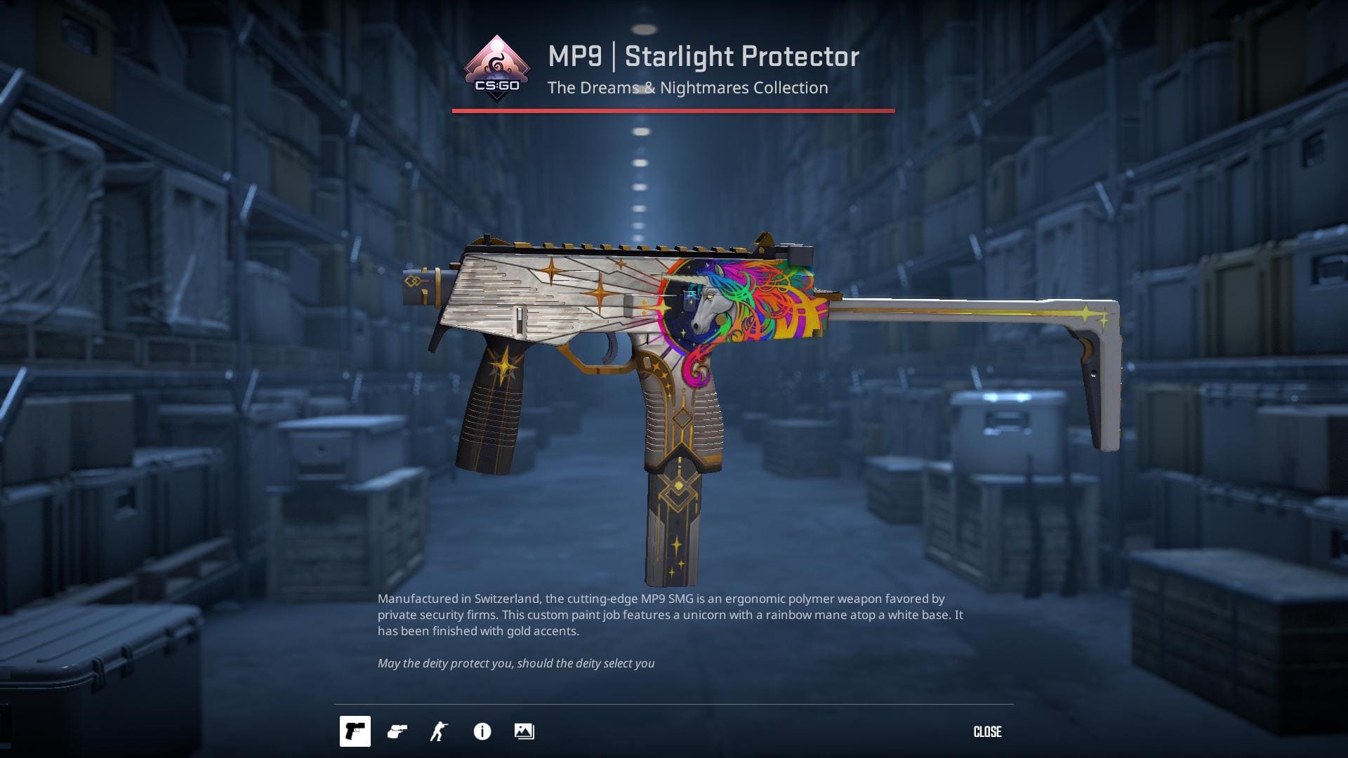 An image of the MP9 submachine gun with a Starlight Protector skin, featuring a unicorn with a rainbow mane on a white base, accented with gold details.