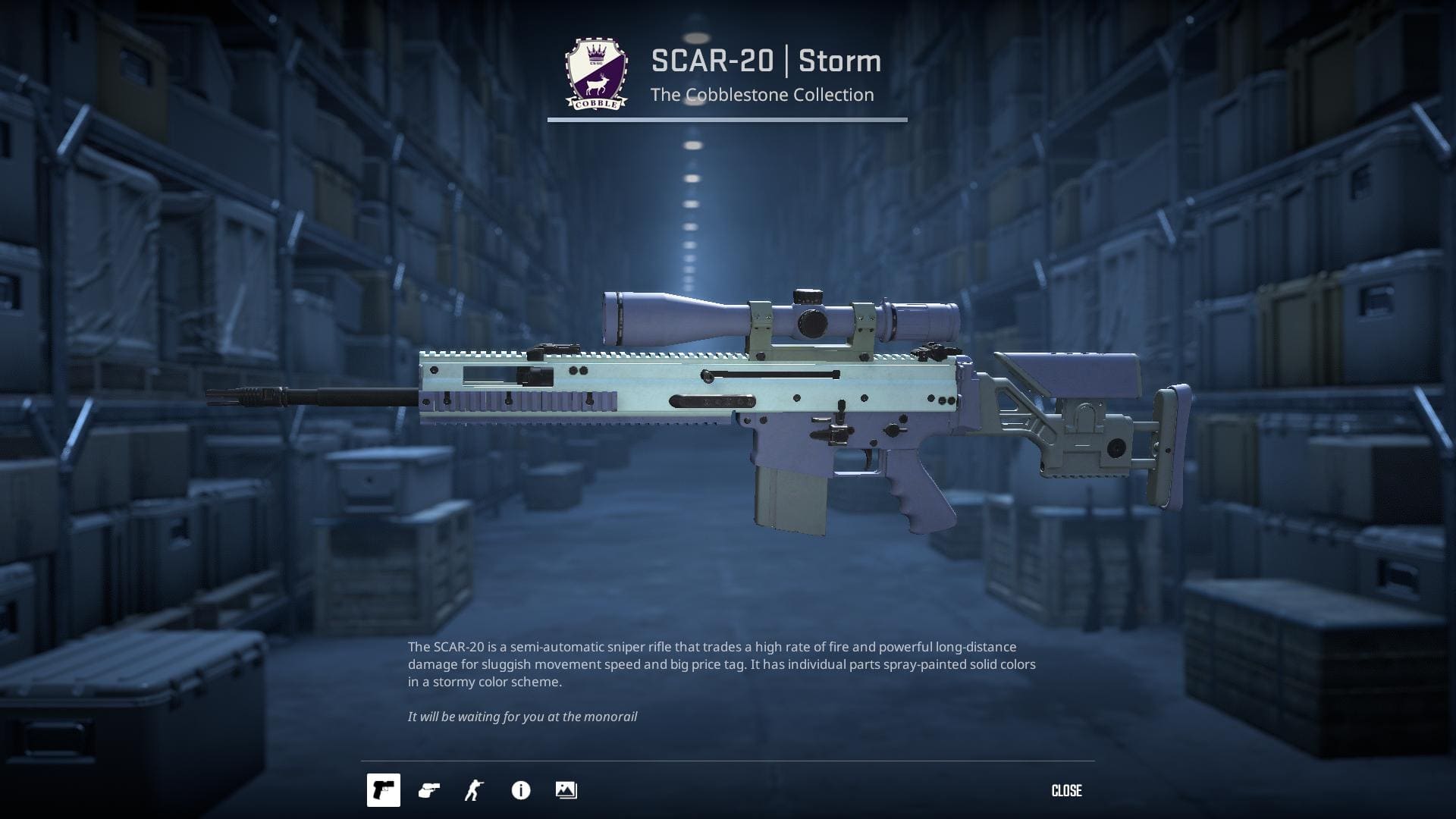 SCAR-20 rifle with individual parts spray painted solid colors in a stormy color scheme from the Cobblestone Collection in Counter-Strike 2.