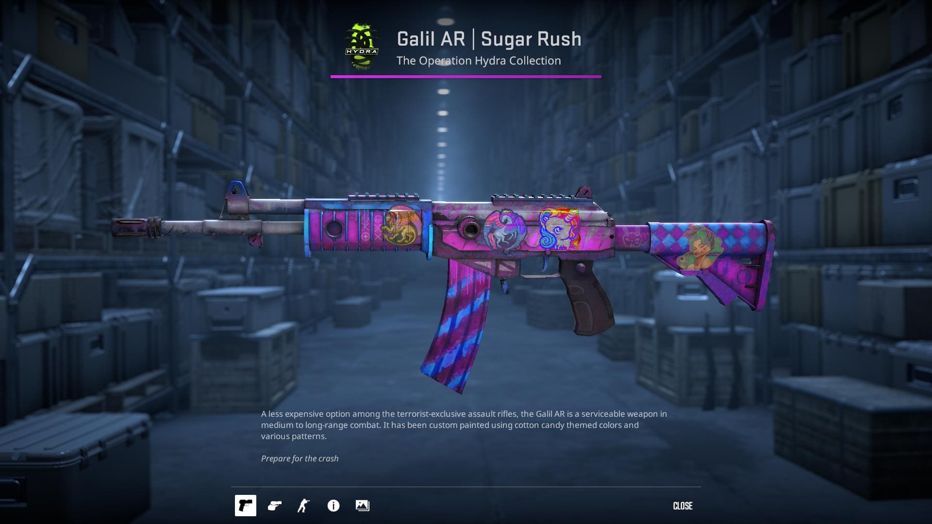 An image of the Sugar Rush skin for the Galil AR in Counter-Strike 2, featuring cotton candy-themed colors and various patterns.