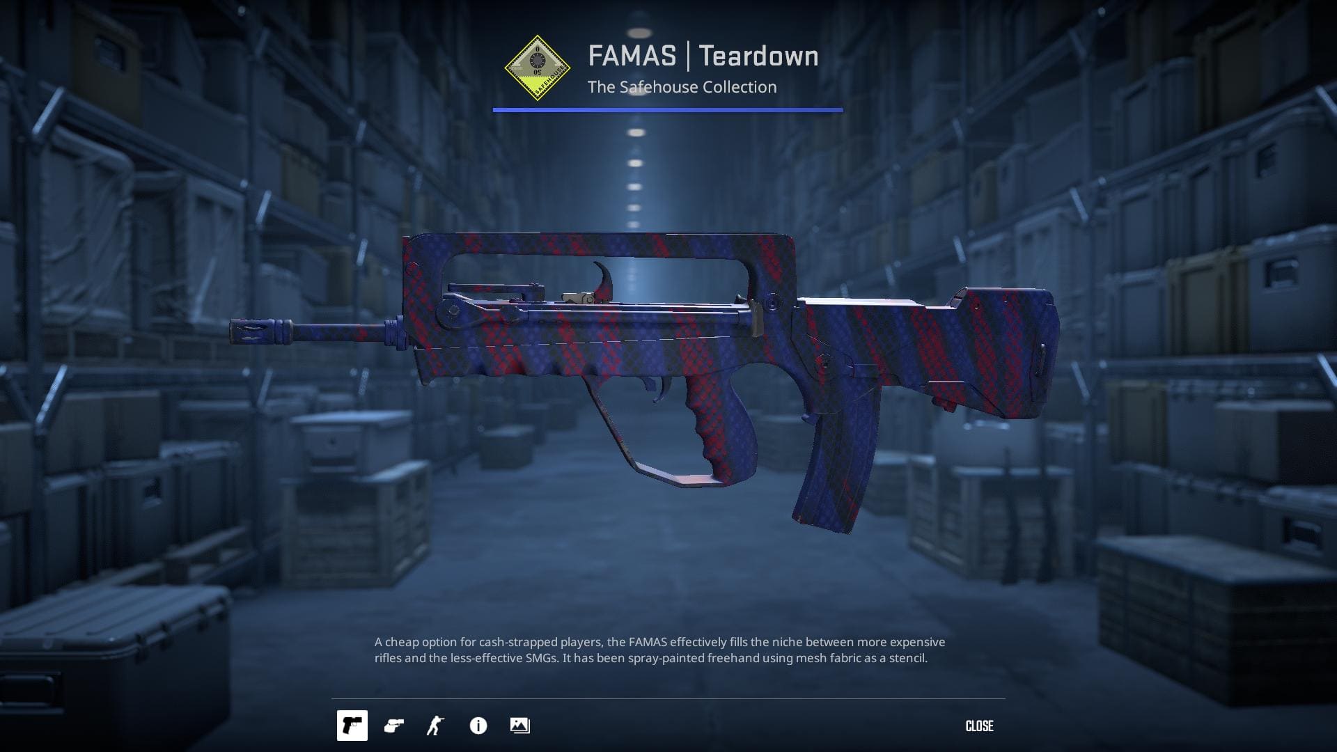 A detailed image of the Teardown skin for the FAMAS rifle in Counter-Strike 2, featuring a red and blue striped pattern with a mesh fabric stencil design.