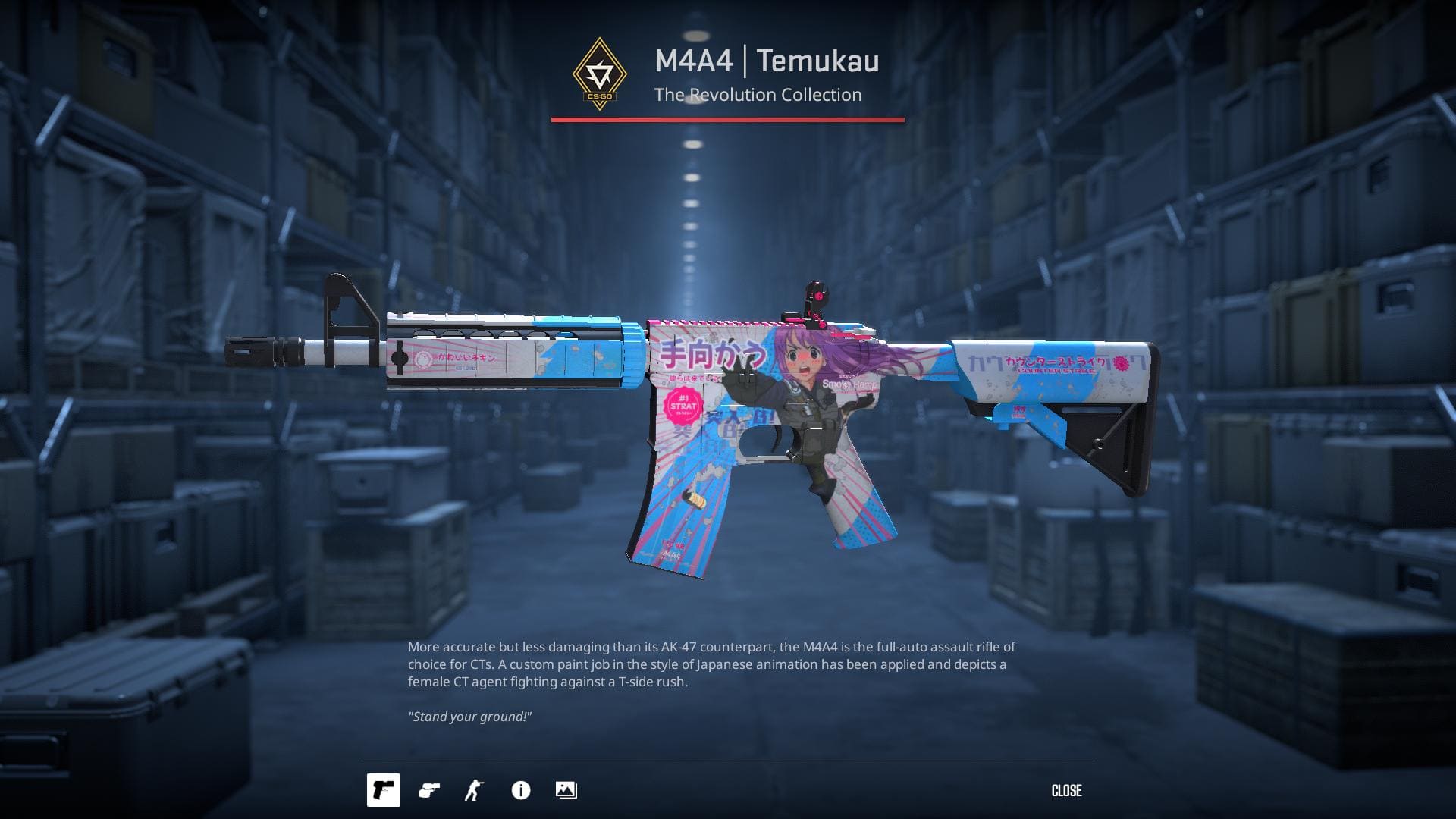 M4A4 Temukau skin from Counter-Strike 2, featuring a Japanese animation-style design.