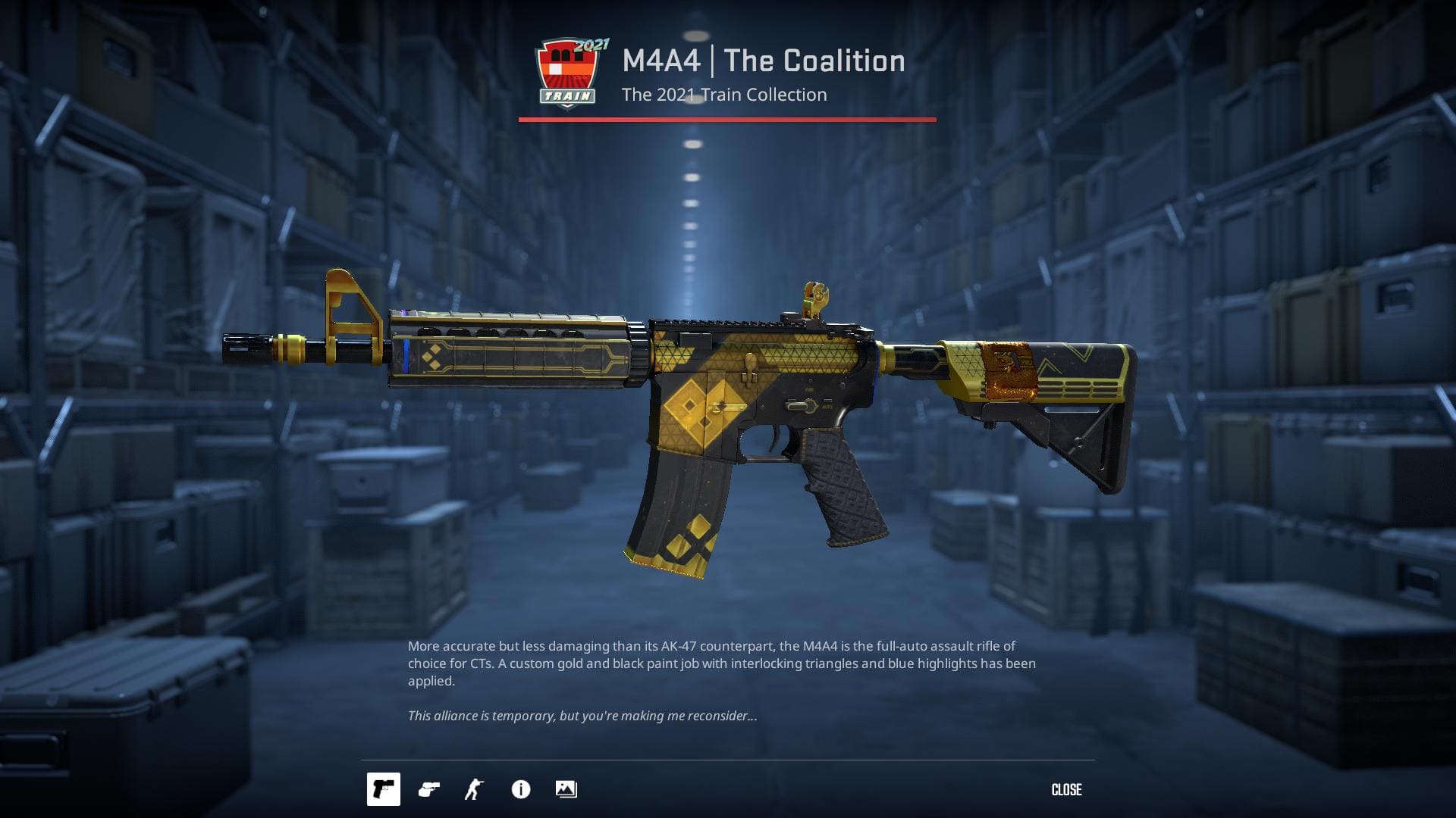 M4A4 The Coalition skin from Counter-Strike 2, with a custom gold and black paint job and interlocking triangles.