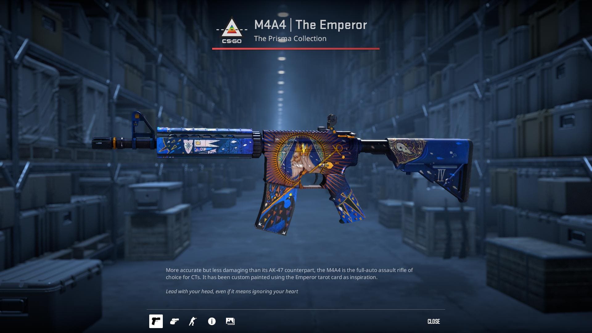 M4A4 The Emperor skin from Counter-Strike 2, inspired by the Emperor tarot card with intricate details.