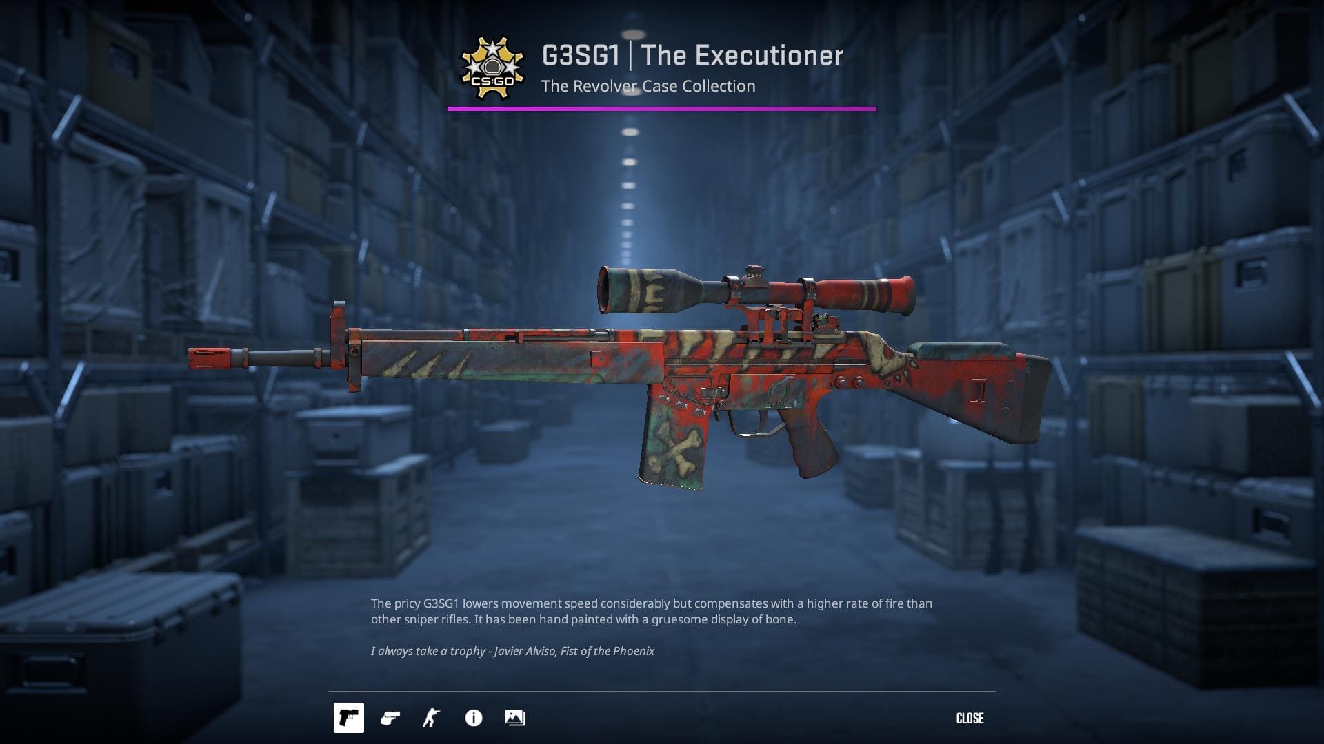 A detailed image of the G3SG1 rifle skin named The Executioner from the Revolver Case Collection in Counter-Strike 2. The rifle features a gruesome display of bones hand-painted on its body.