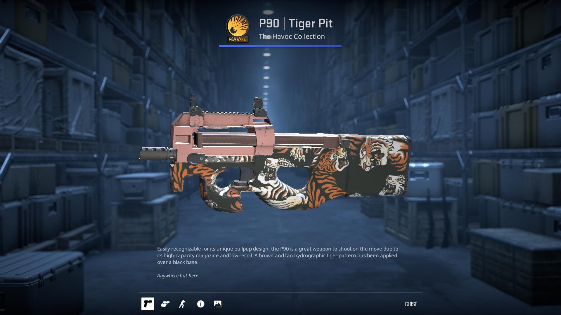 P90 Tiger Pit skin with a brown and tan hydrographic tiger pattern.