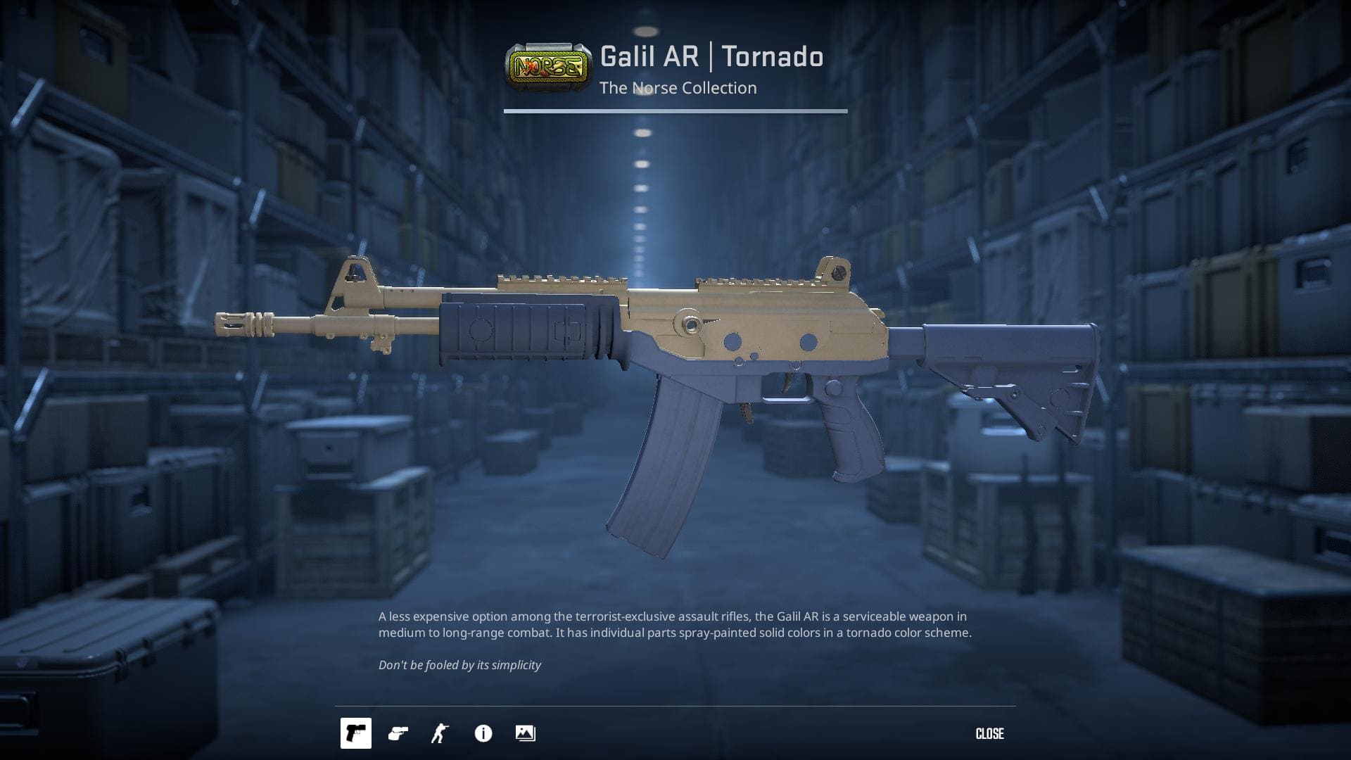 A detailed image of the Galil AR Tornado skin from Counter-Strike 2, showcasing its tornado color scheme with spray-painted solid colors.