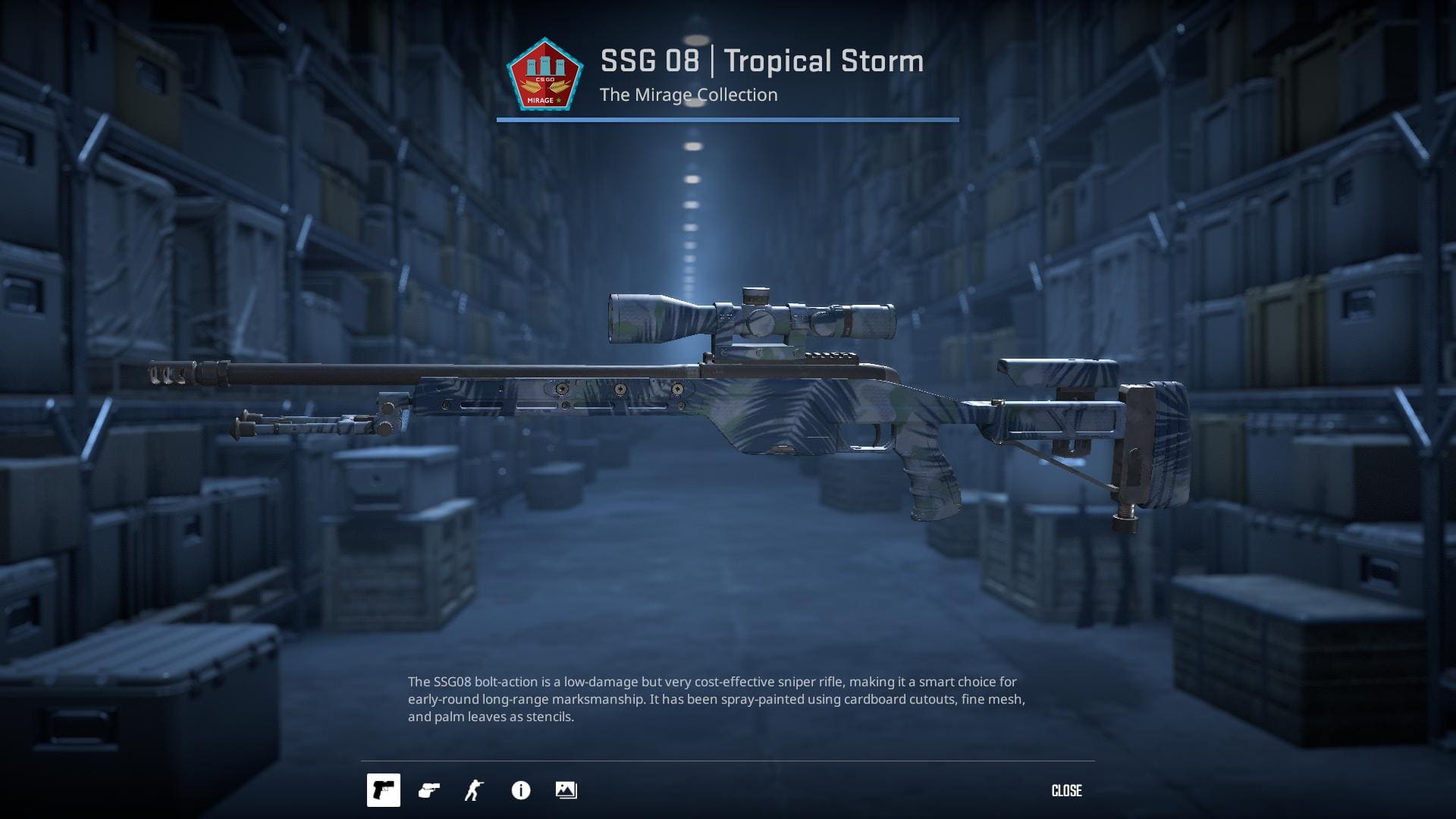 A high-definition image of the SSG 08 Tropical Storm skin from Counter-Strike 2, showcasing a spray-painted design with cardboard cutouts, fine mesh, and palm leaves as stencils.