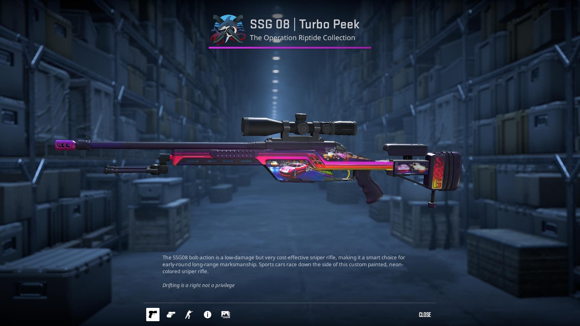 A high-resolution image of the SSG 08 Turbo Peek skin from Counter-Strike 2, displaying a custom-painted, neon-colored design with sports cars racing down the side.