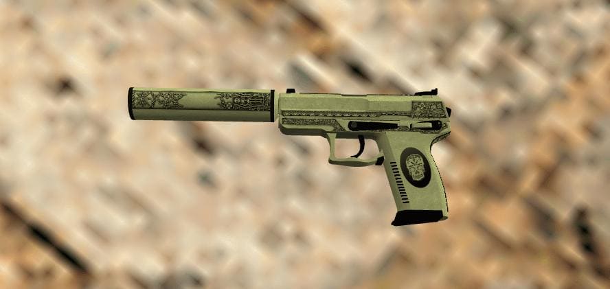 Close-up view of a USP-S Cartel skin in Counter-Strike 1.6 featuring intricate engravings on the body and suppressor.