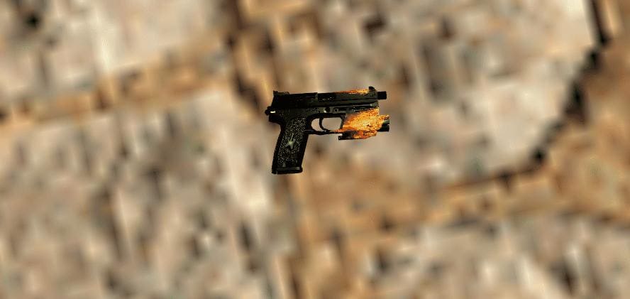 Close-up view of a USP-S Fire skin in Counter-Strike 1.6 with a vibrant flame pattern on the body.