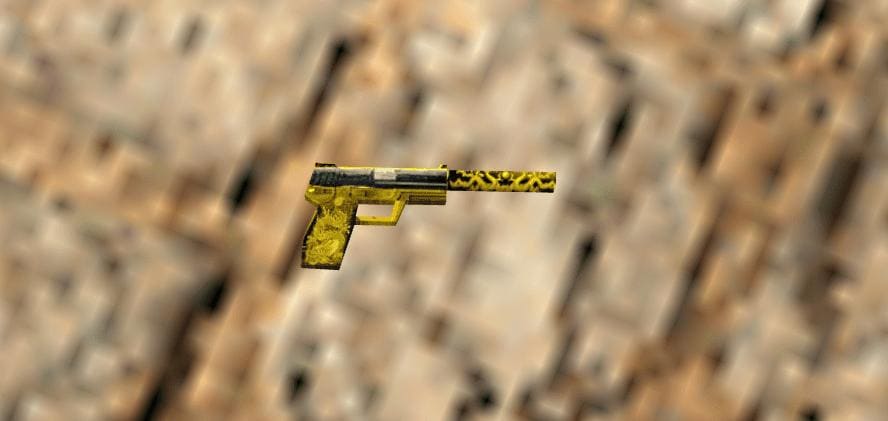 Close-up view of a USP-S Yellow Dragon skin in Counter-Strike 1.6, featuring an intricate yellow dragon pattern on the body.