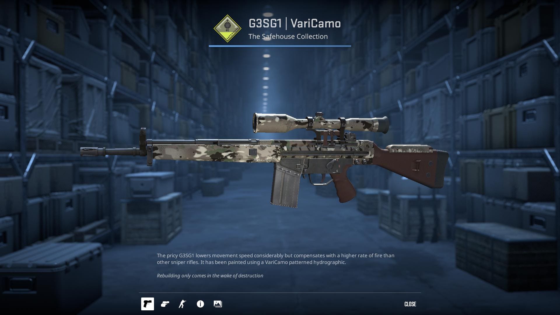 An image of the G3SG1 rifle skin named VariCamo from the Safehouse Collection in Counter-Strike 2. The rifle is painted using a VariCamo patterned hydrographic.