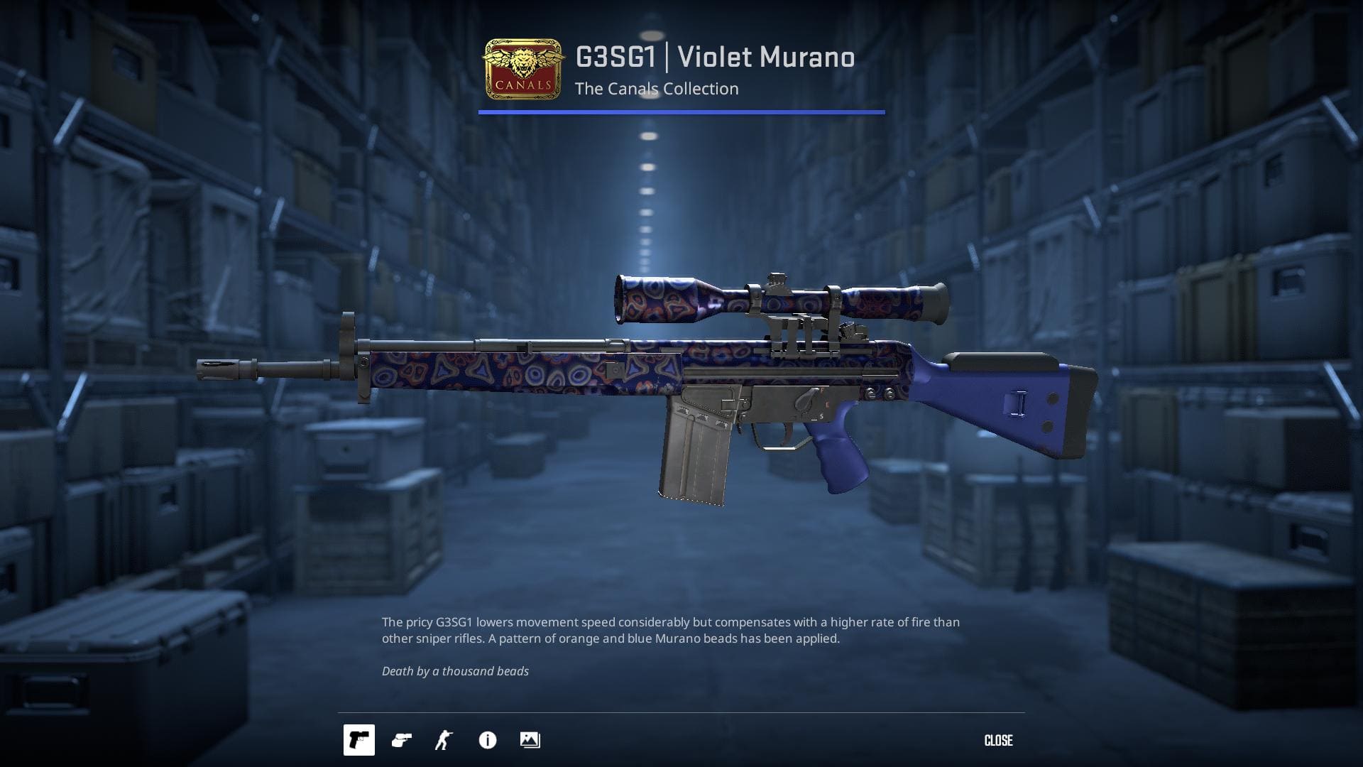 A high-definition image of the G3SG1 rifle skin named Violet Murano from the Canals Collection in Counter-Strike 2. The rifle showcases a pattern of orange and blue Murano beads.