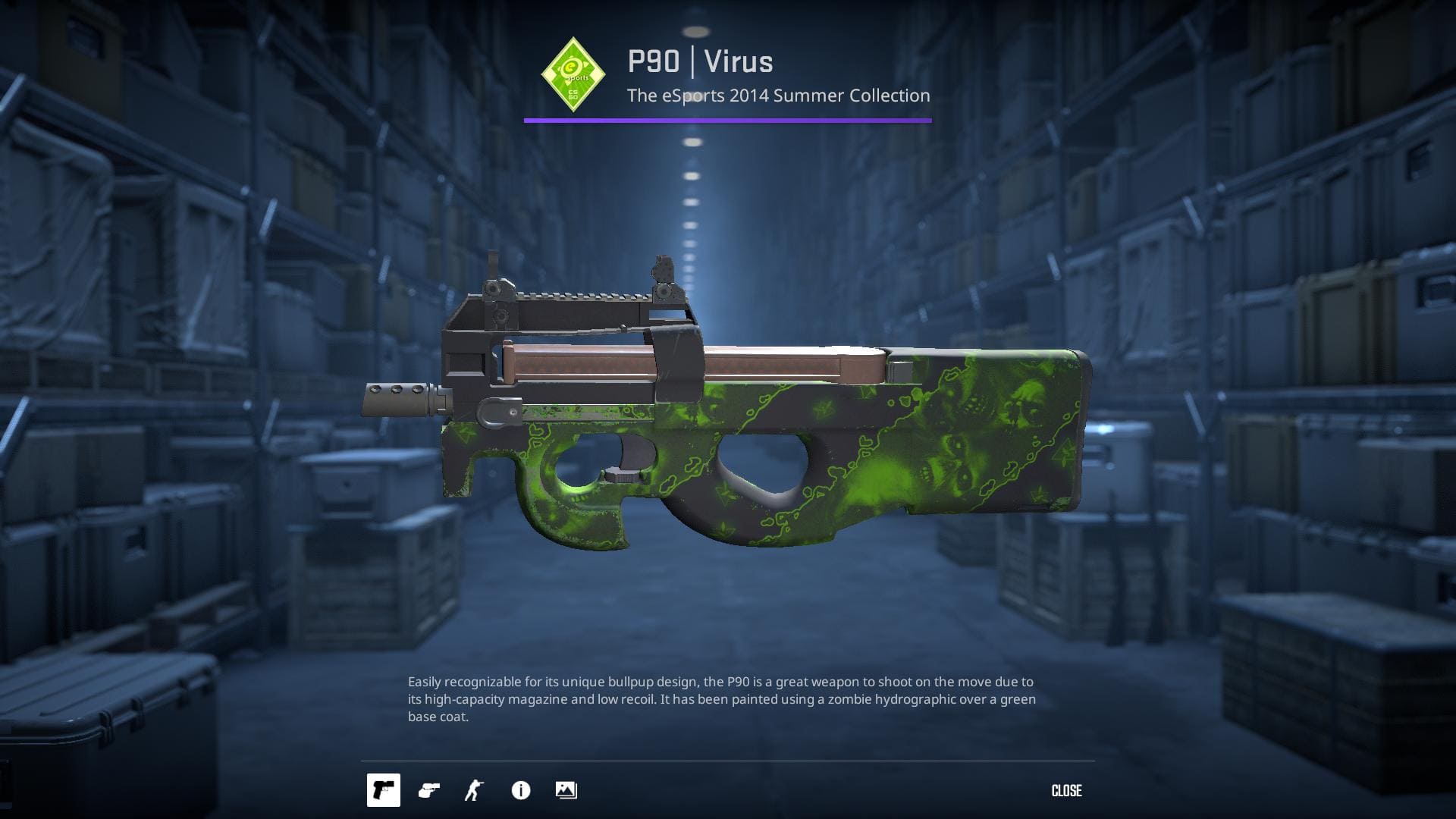 P90 Virus skin with a zombie hydrographic over a green base coat.